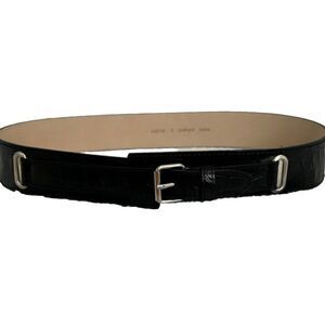 Womens STATEMENT black leather croc embossed wide Silver Buckle Belt EUC Sz S